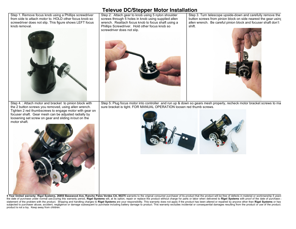 Rigel Systems TV Crayford Focus Motor User Manual | 1 page