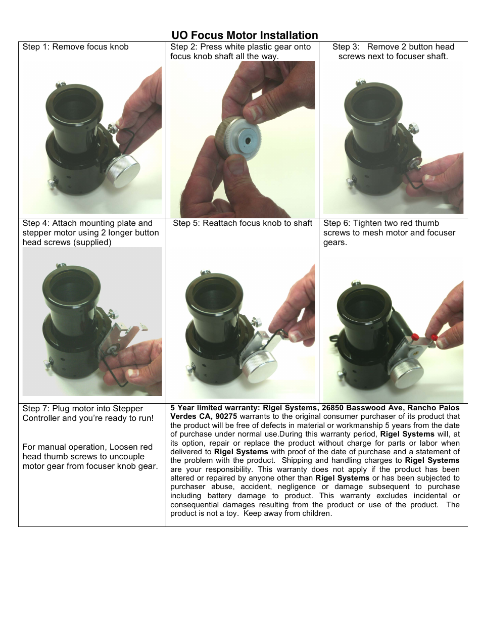 Rigel Systems UO Crayford Focus Motor User Manual | 1 page