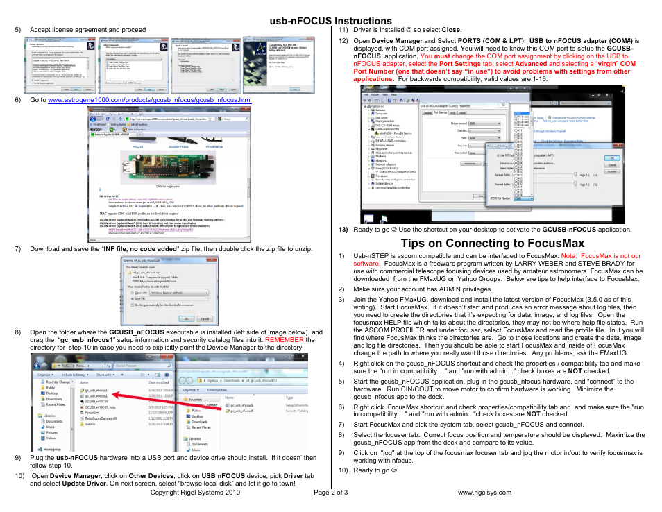 Tips on connecting to focusmax, Usb-nfocus instructions | Rigel Systems usb-nFOCUS User Manual | Page 2 / 3