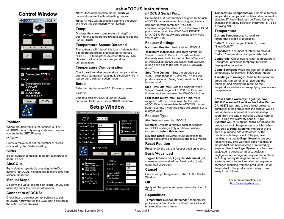 Control window, Setup window, Usb-nfocus instructions | Rigel Systems usb-nFOCUS User Manual | Page 3 / 3
