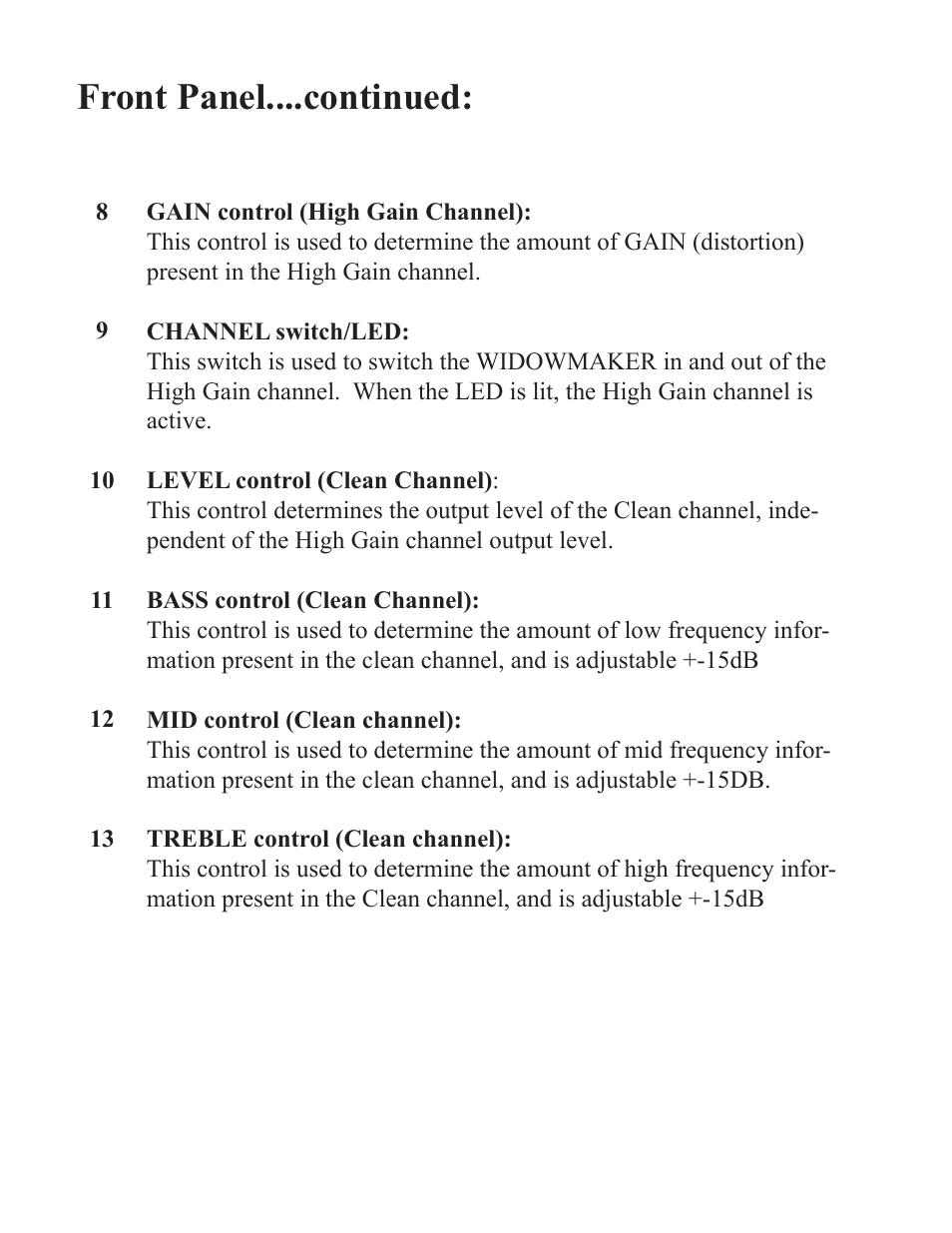 Front panel....continued | Rocktron Widowmaker User Manual | Page 6 / 12