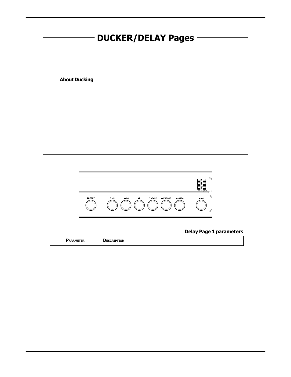 Ducker/delay pages, Delay time, level, Delay page 1 | Rocktron Prophesy II User Manual | Page 45 / 96