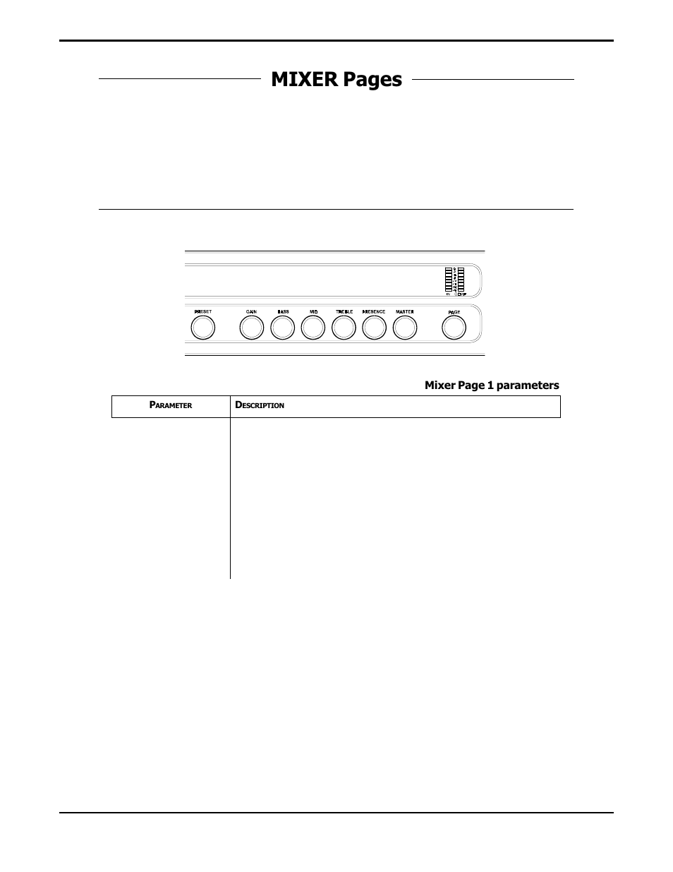 Mixer pages, Pre effect mix levels, Mixer page 1 | Rocktron Prophesy II User Manual | Page 53 / 96