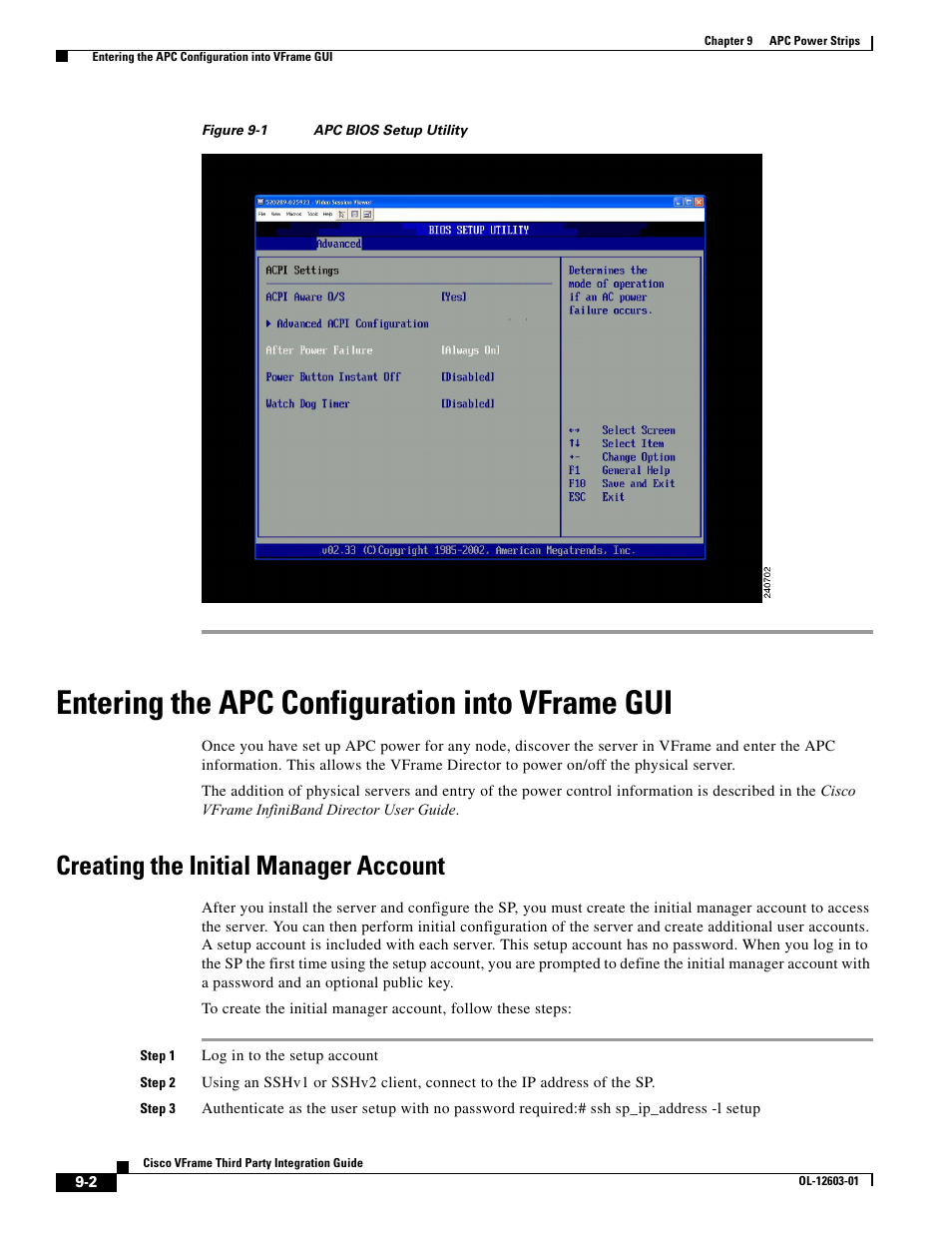 Entering the apc configuration into vframe gui, Creating the initial manager account | Cisco OL-12603-01 User Manual | Page 2 / 4