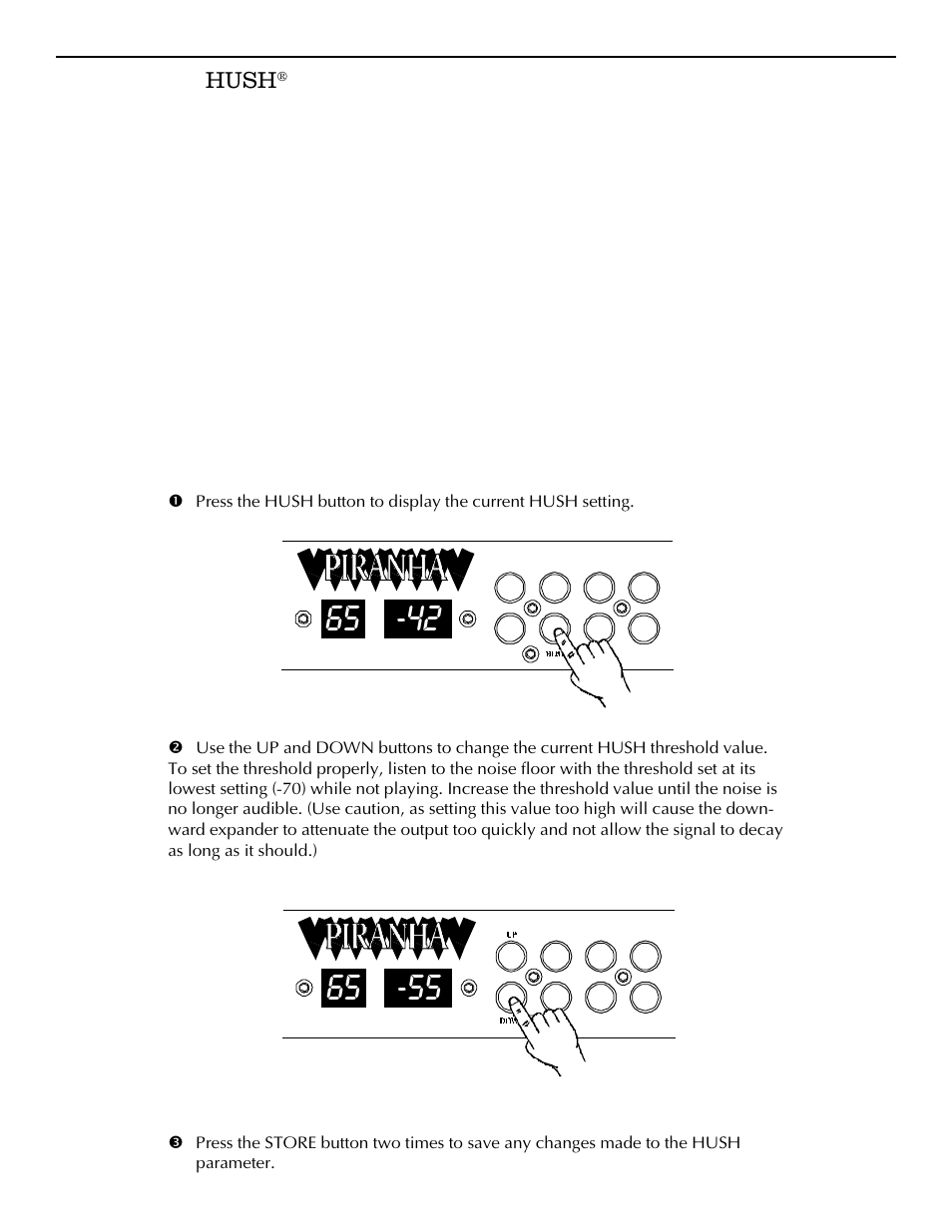 E. setting the hush® threshold | Rocktron Piranha User Manual | Page 14 / 22