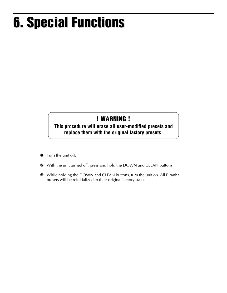 Special functions, A. factory reinitialization, Warning | Rocktron Piranha User Manual | Page 18 / 22