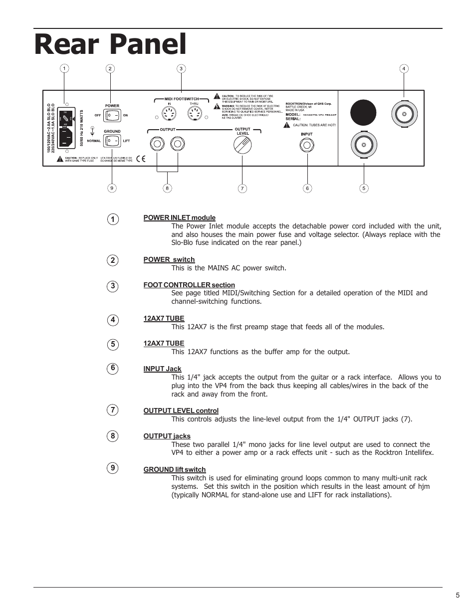 Rear panel | Rocktron VP4 User Manual | Page 5 / 12