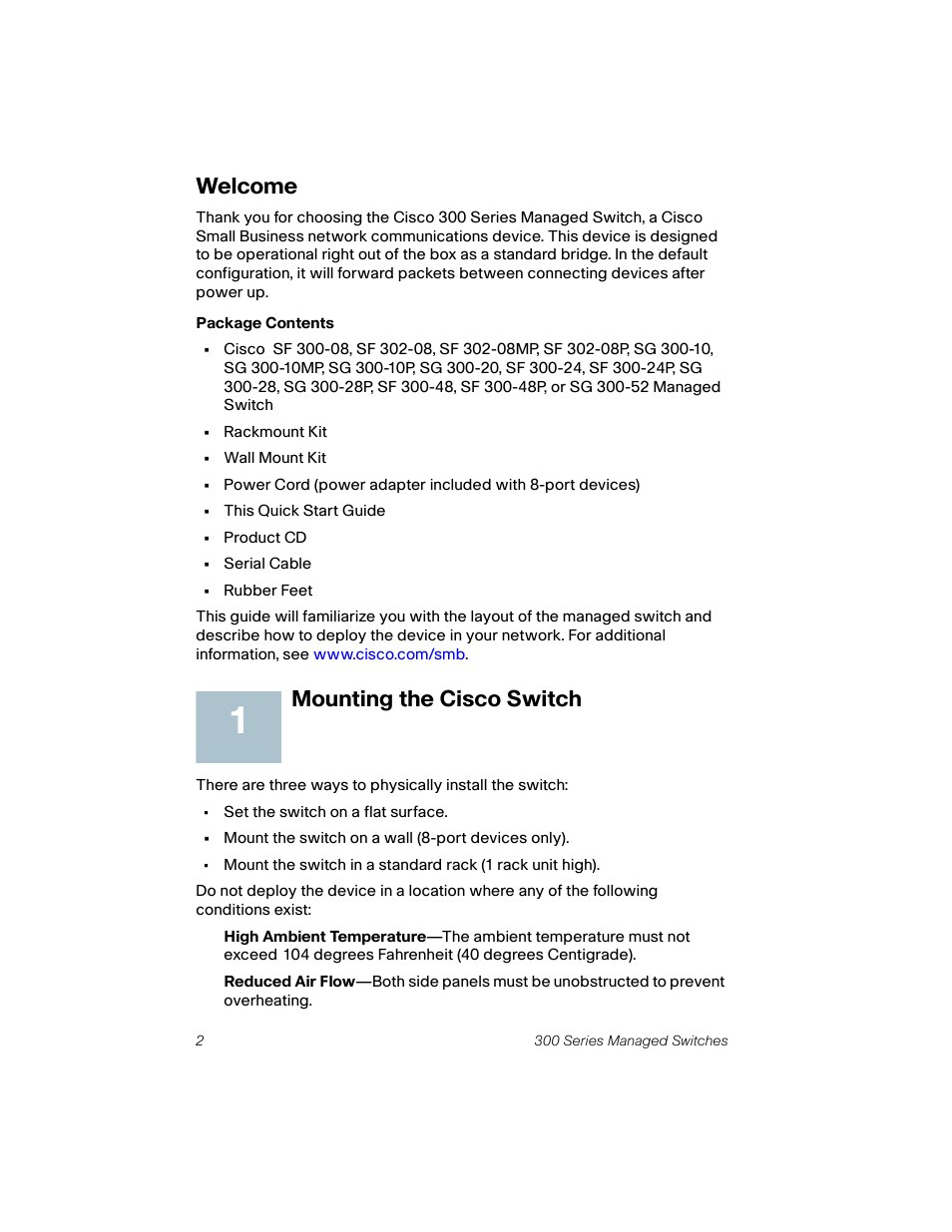 Mounting the cisco switch, Welcome | Cisco 300 User Manual | Page 2 / 16