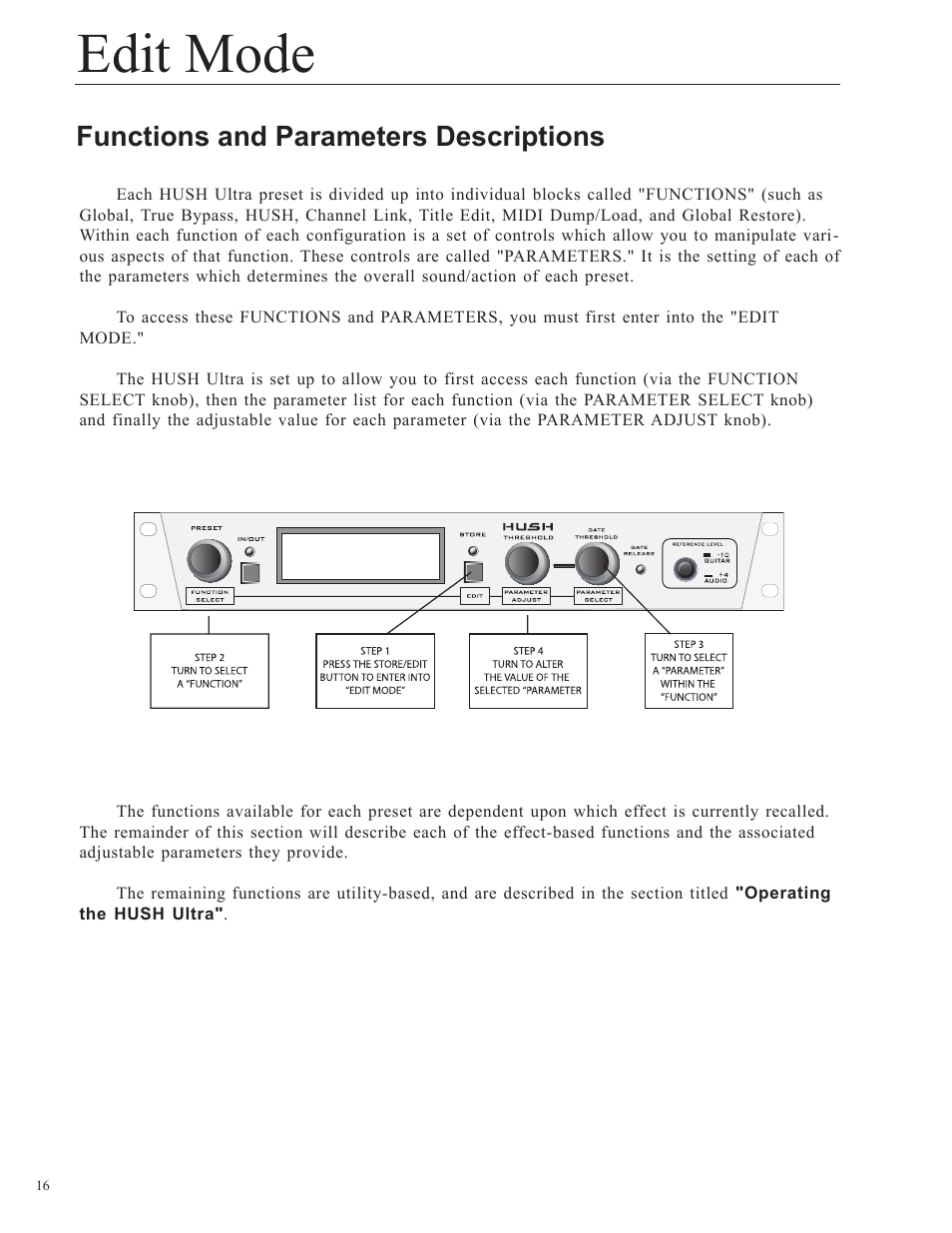 Edit mode, Functions and parameters descriptions | Rocktron HUSH Ultra User Manual | Page 16 / 38