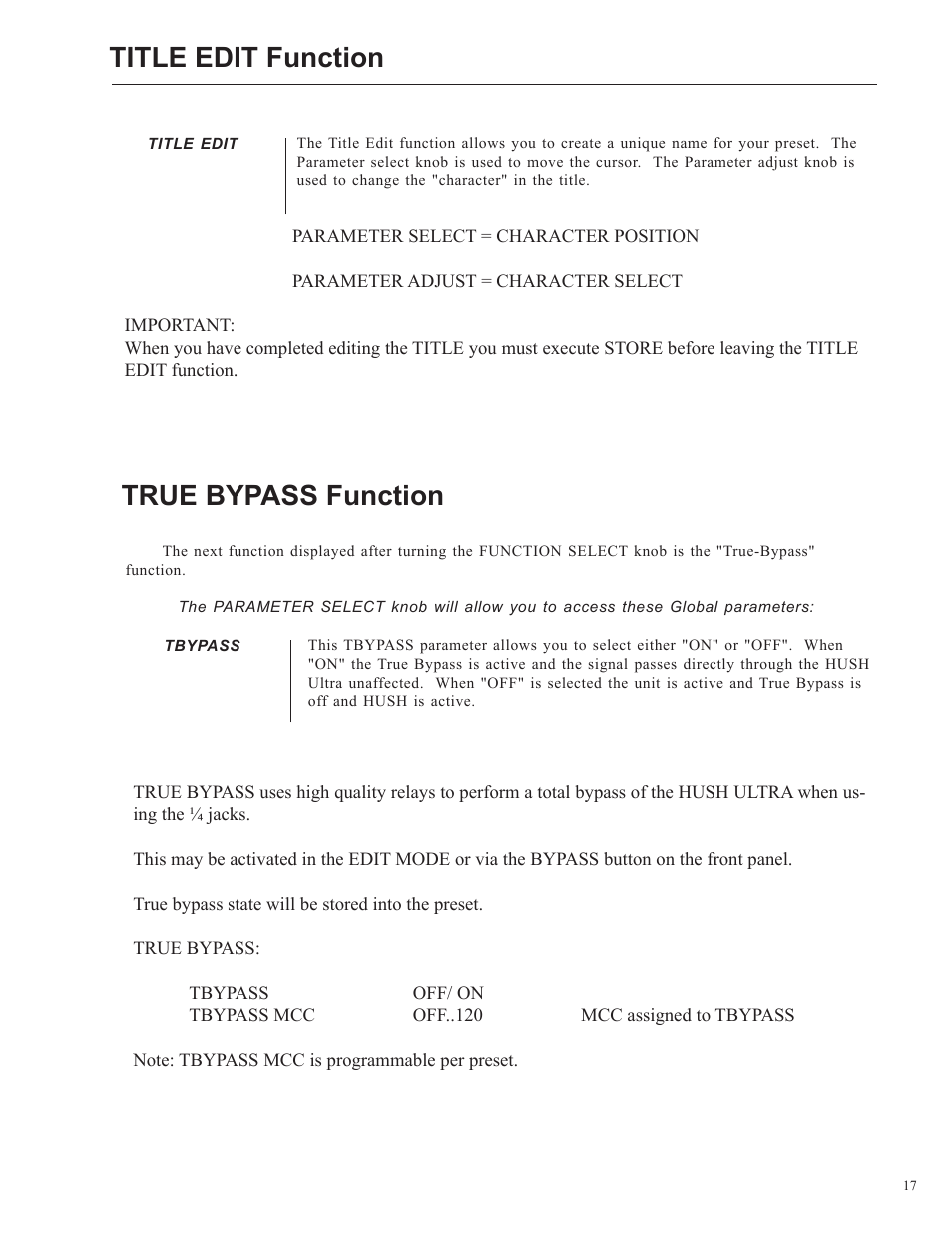Title edit function, True bypass function | Rocktron HUSH Ultra User Manual | Page 17 / 38