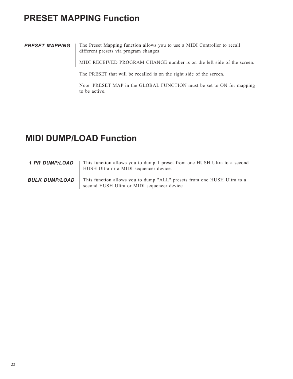 Preset mapping function, Midi dump/load function | Rocktron HUSH Ultra User Manual | Page 22 / 38