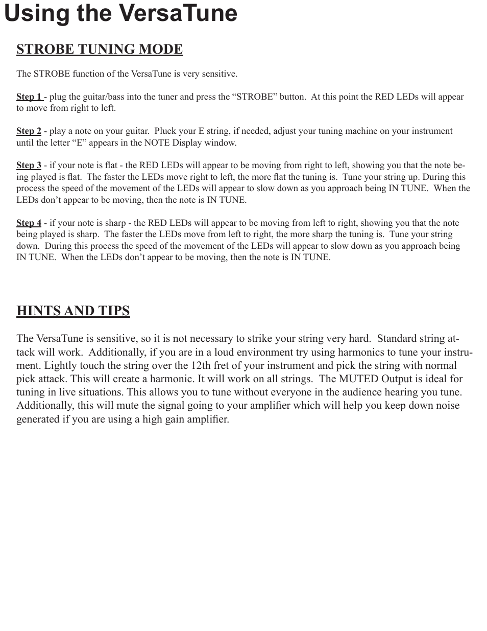 Using the versatune, Strobe tuning mode, Hints and tips | Rocktron VersaTune User Manual | Page 16 / 20