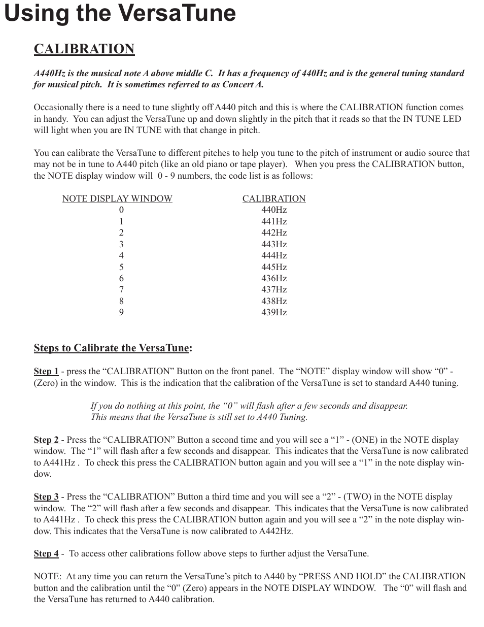 Using the versatune, Calibration | Rocktron VersaTune User Manual | Page 17 / 20