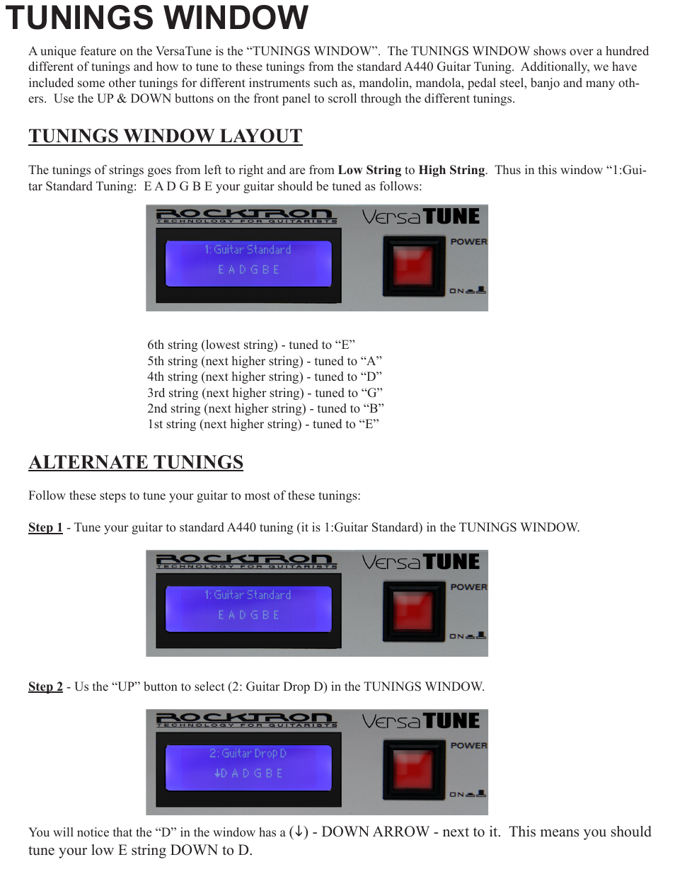 Tunings window, Tunings window layout, Alternate tunings | Rocktron VersaTune User Manual | Page 18 / 20