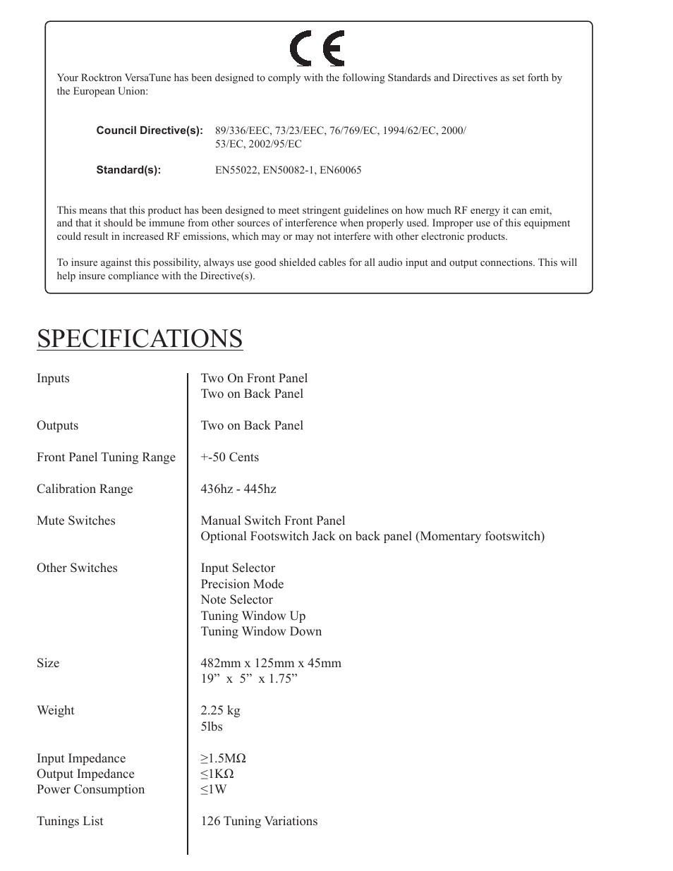 Specifications | Rocktron VersaTune User Manual | Page 2 / 20