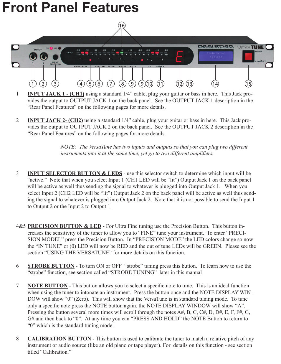 Front panel features | Rocktron VersaTune User Manual | Page 5 / 20