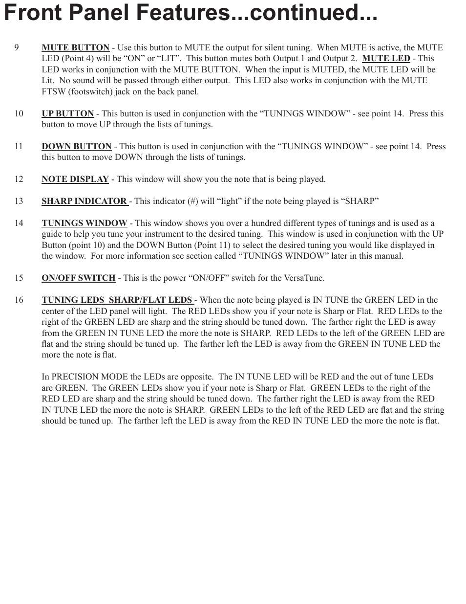 Front panel features...continued | Rocktron VersaTune User Manual | Page 6 / 20