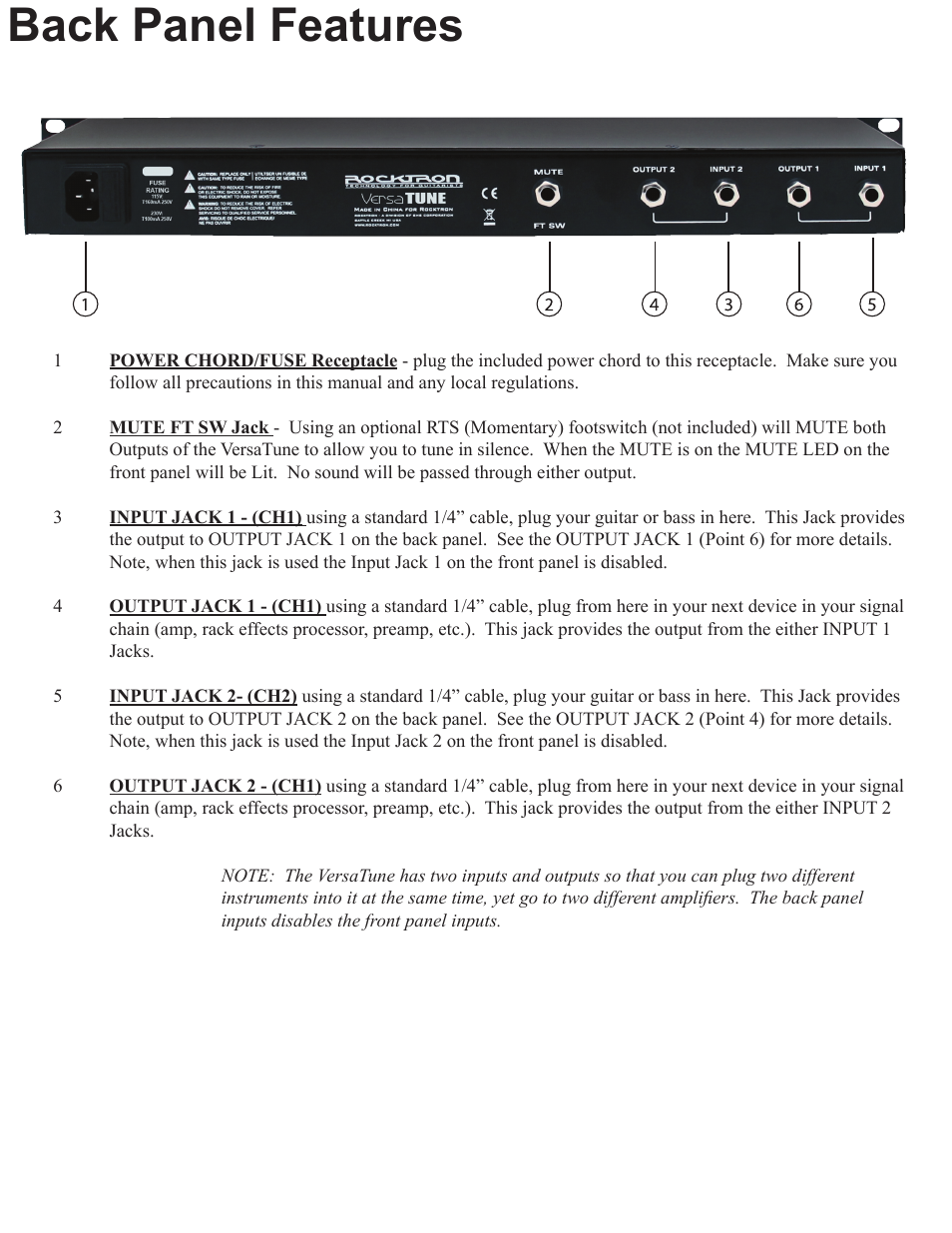 Back panel features | Rocktron VersaTune User Manual | Page 7 / 20