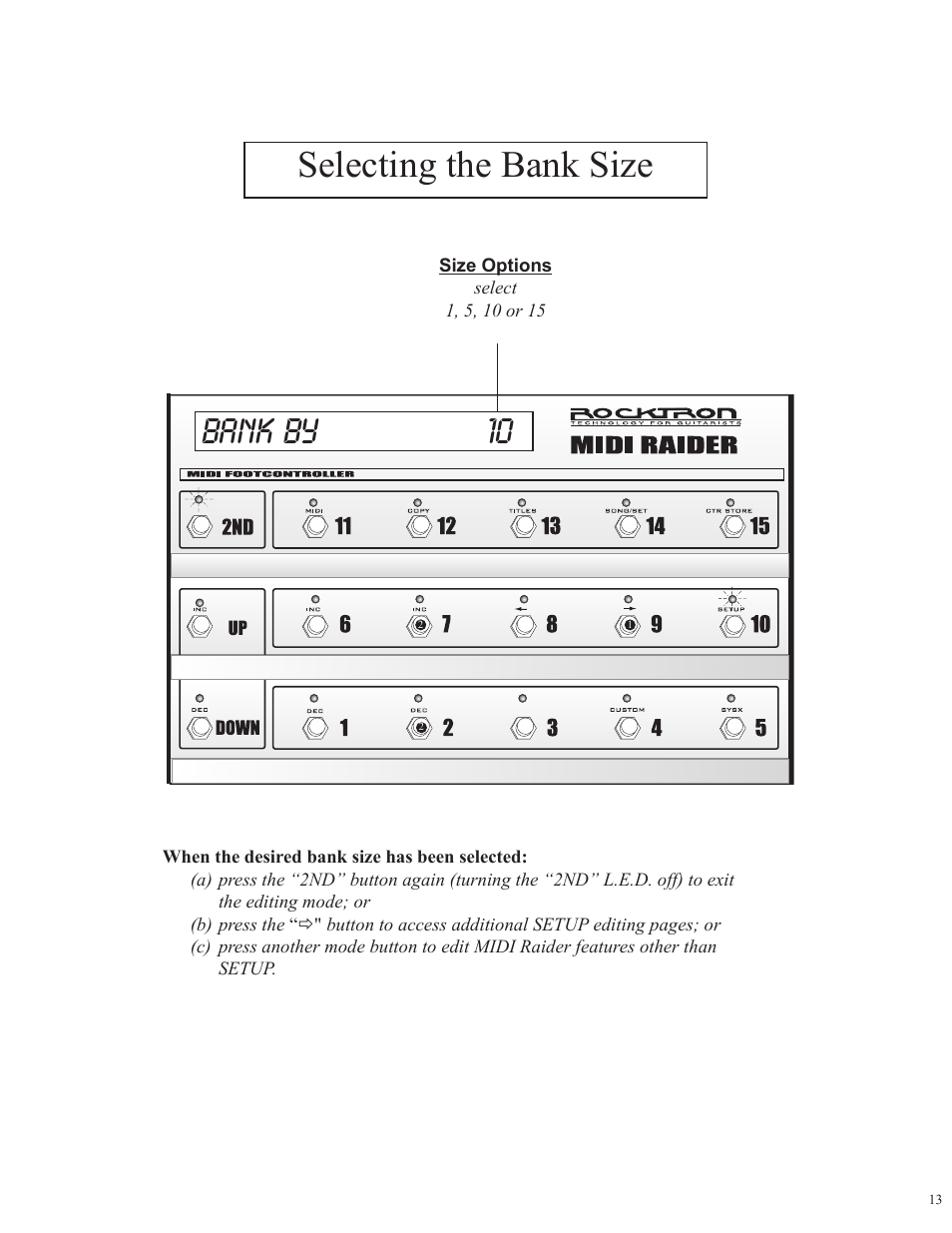 Bank by 10, Selecting the bank size | Rocktron MIDI Raider User Manual | Page 16 / 80
