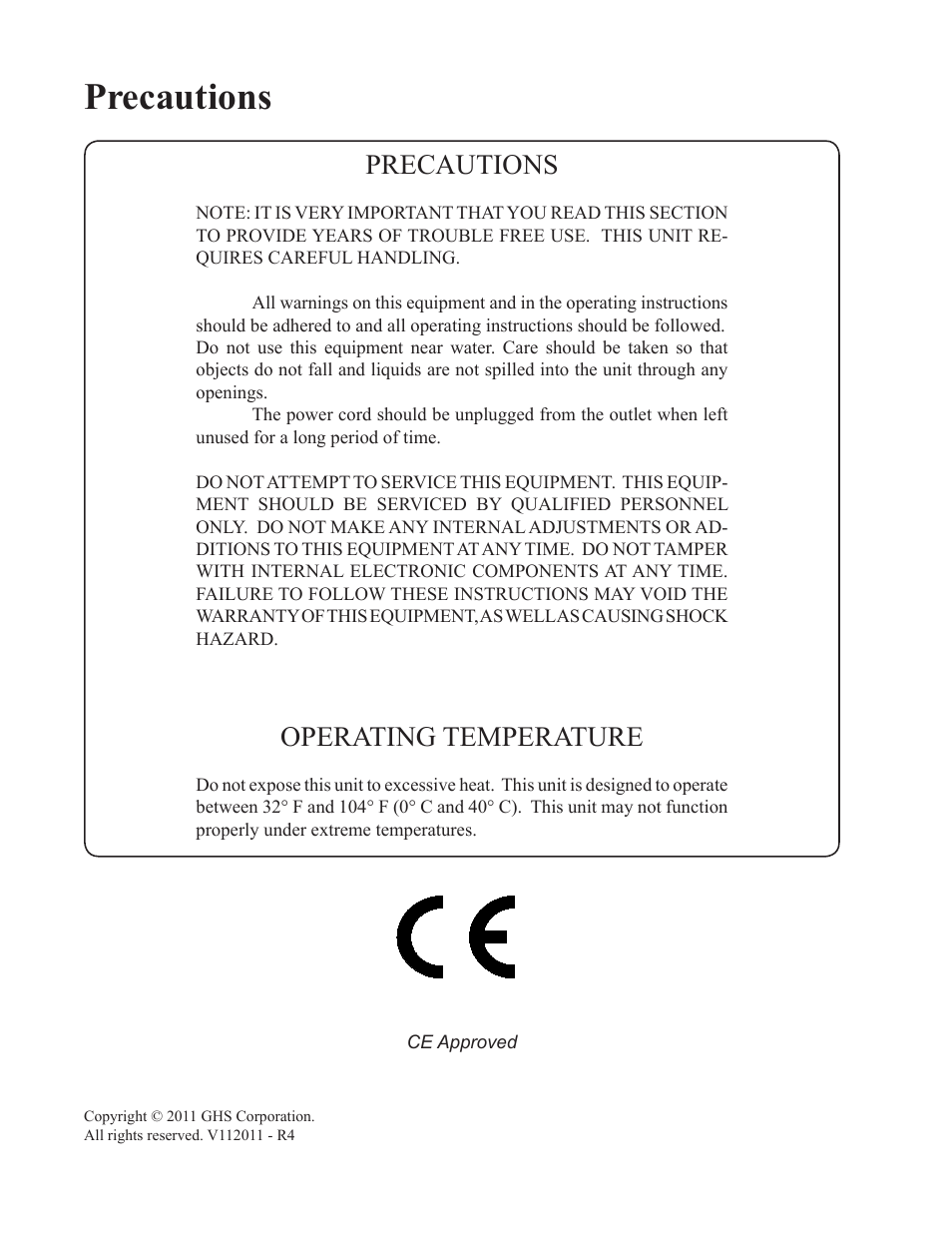 Precautions, Operating temperature | Rocktron MIDI Raider User Manual | Page 2 / 80