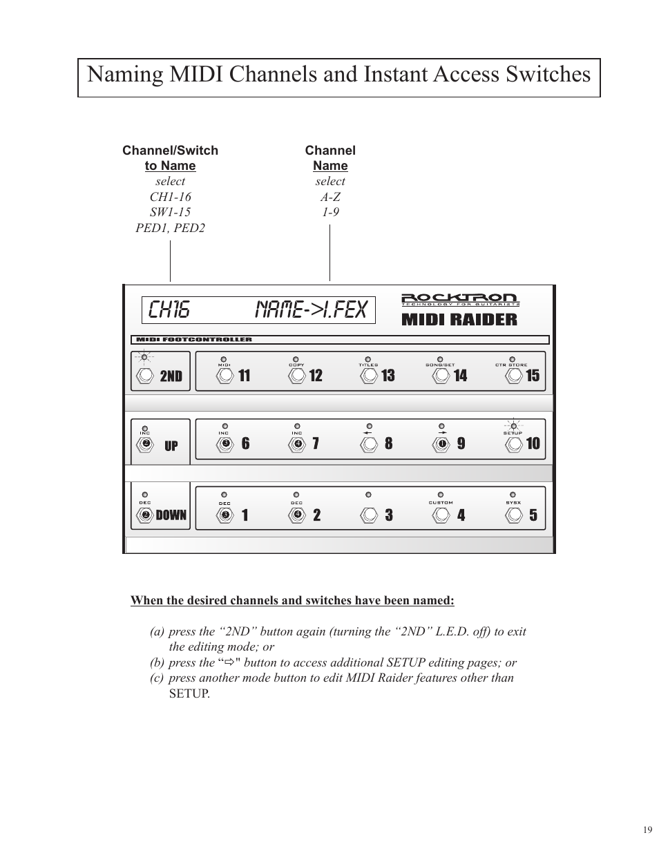 Ch16 name->i.fex, Naming midi channels and instant access switches | Rocktron MIDI Raider User Manual | Page 22 / 80