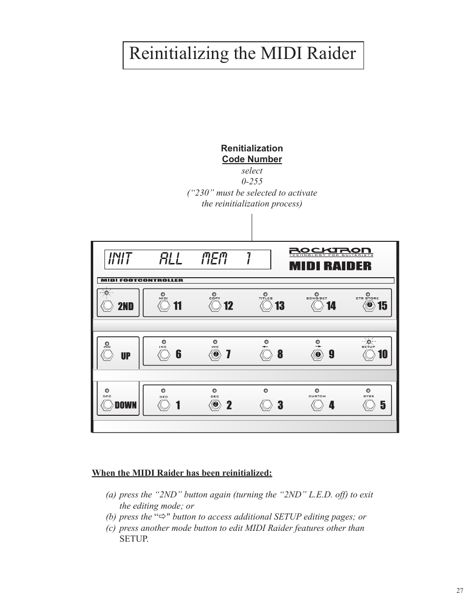 Reinitializing the midi raider init all mem 1 | Rocktron MIDI Raider User Manual | Page 30 / 80