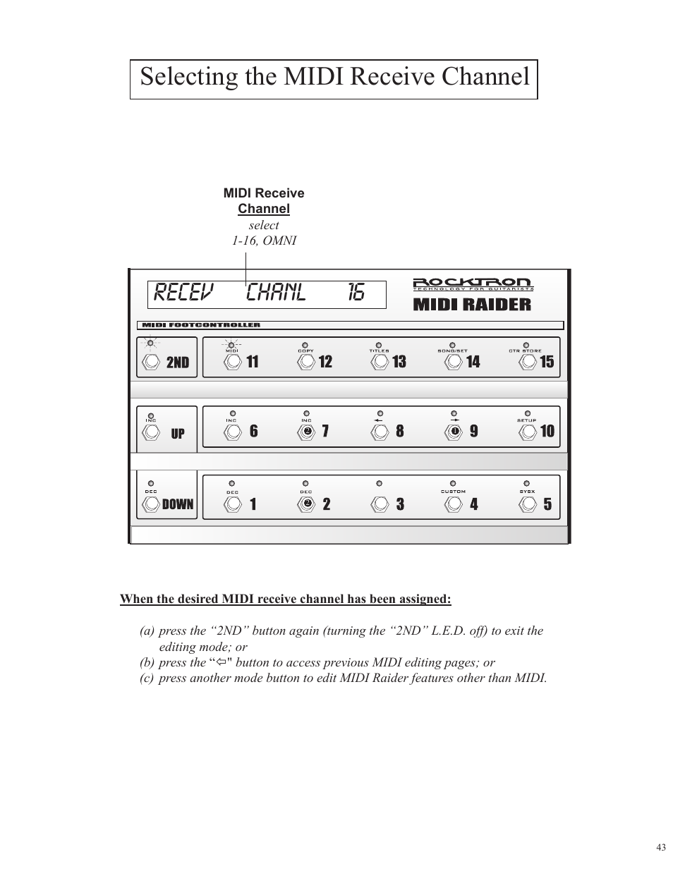 Selecting the midi receive channel recev chanl 16 | Rocktron MIDI Raider User Manual | Page 46 / 80