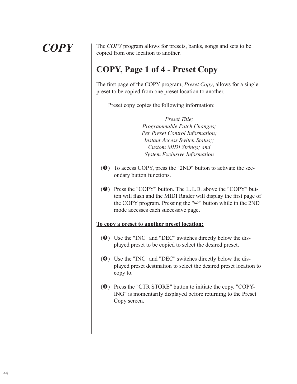 Copy, Copy, page 1 of 4 - preset copy | Rocktron MIDI Raider User Manual | Page 47 / 80