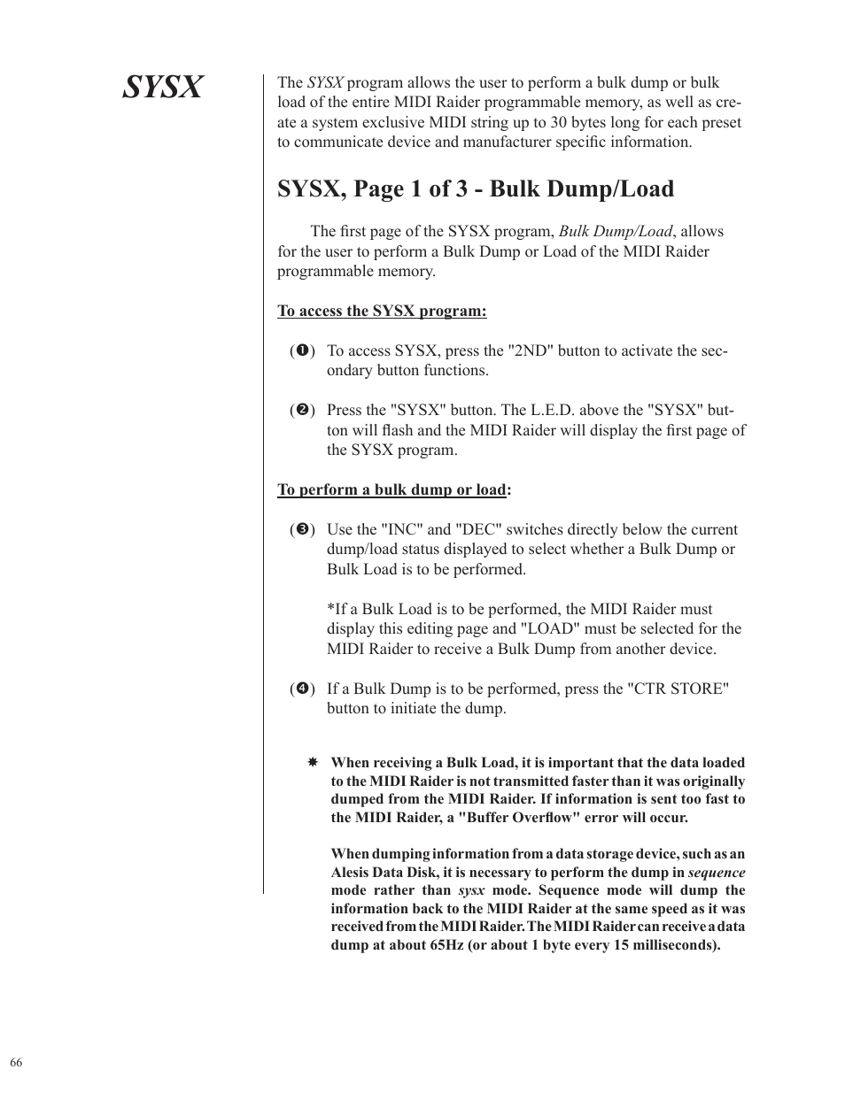 Sysx, Sysx, page 1 of 3 - bulk dump/load | Rocktron MIDI Raider User Manual | Page 69 / 80