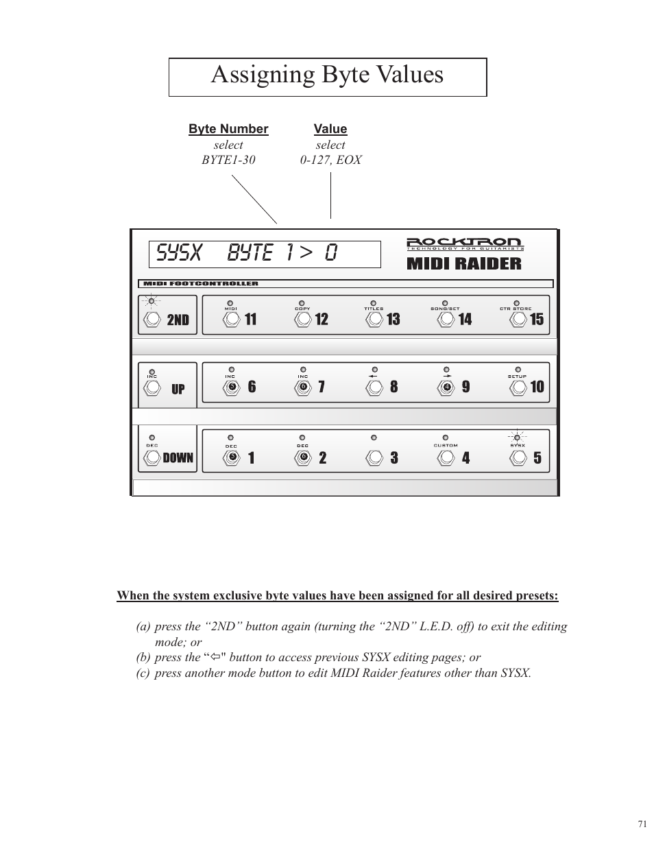 Assigning byte values sysx byte 1 > 0 | Rocktron MIDI Raider User Manual | Page 74 / 80
