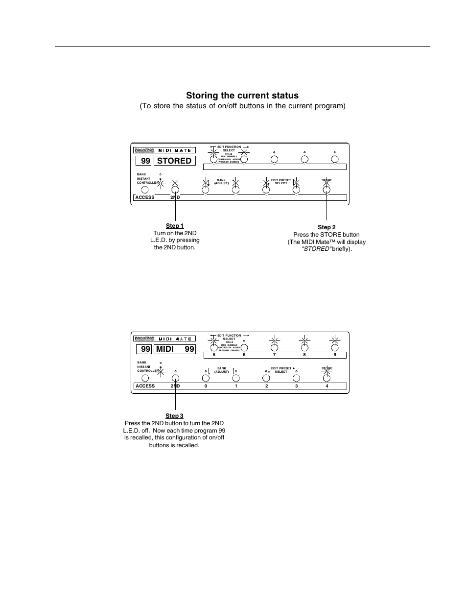 Storing the current status, Stored 99, Midi 99 99 | Rocktron MIDI Mate User Manual | Page 16 / 32