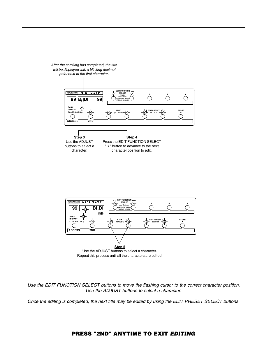 Press "2nd" anytime to exit editing, M.idi 99 99, Bi.di 99 99 | Rocktron MIDI Mate User Manual | Page 21 / 32