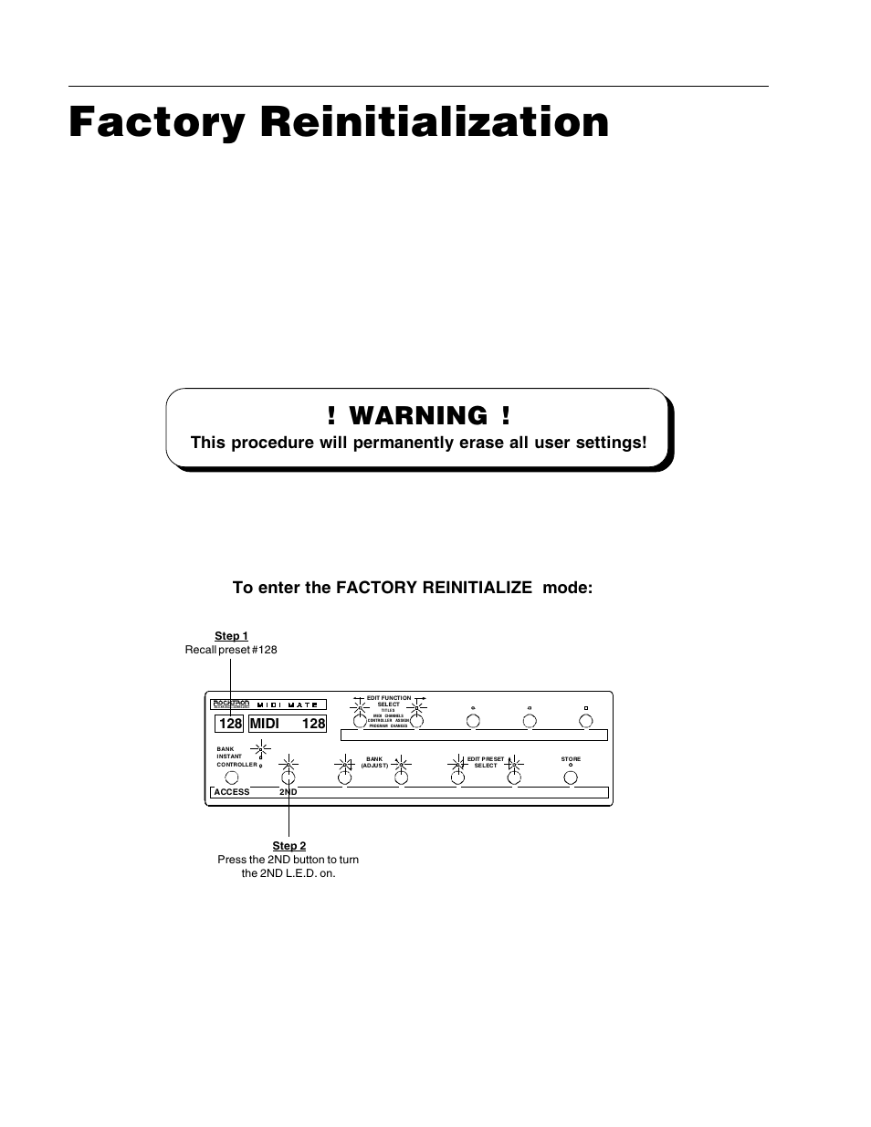 Factory reinitialization, Warning | Rocktron MIDI Mate User Manual | Page 29 / 32