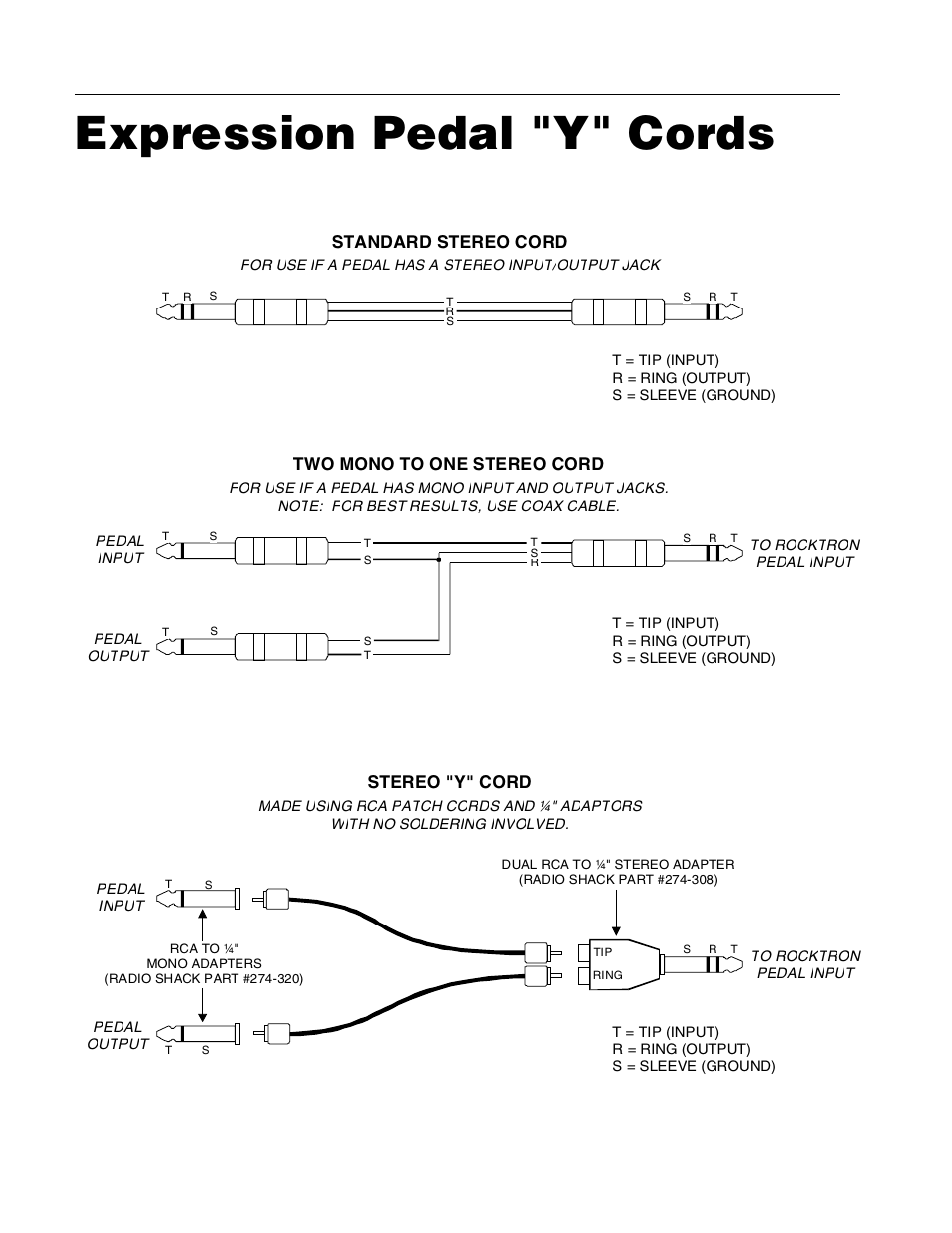 Expression pedal "y" cords, Standard stereo cord, Two mono to one stereo cord | Stereo "y" cord | Rocktron MIDI Mate User Manual | Page 31 / 32