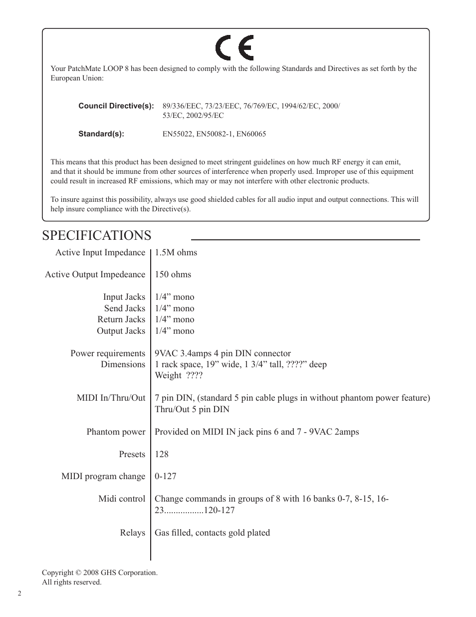 Specifications | Rocktron Patchmate Loop 8 User Manual | Page 2 / 28
