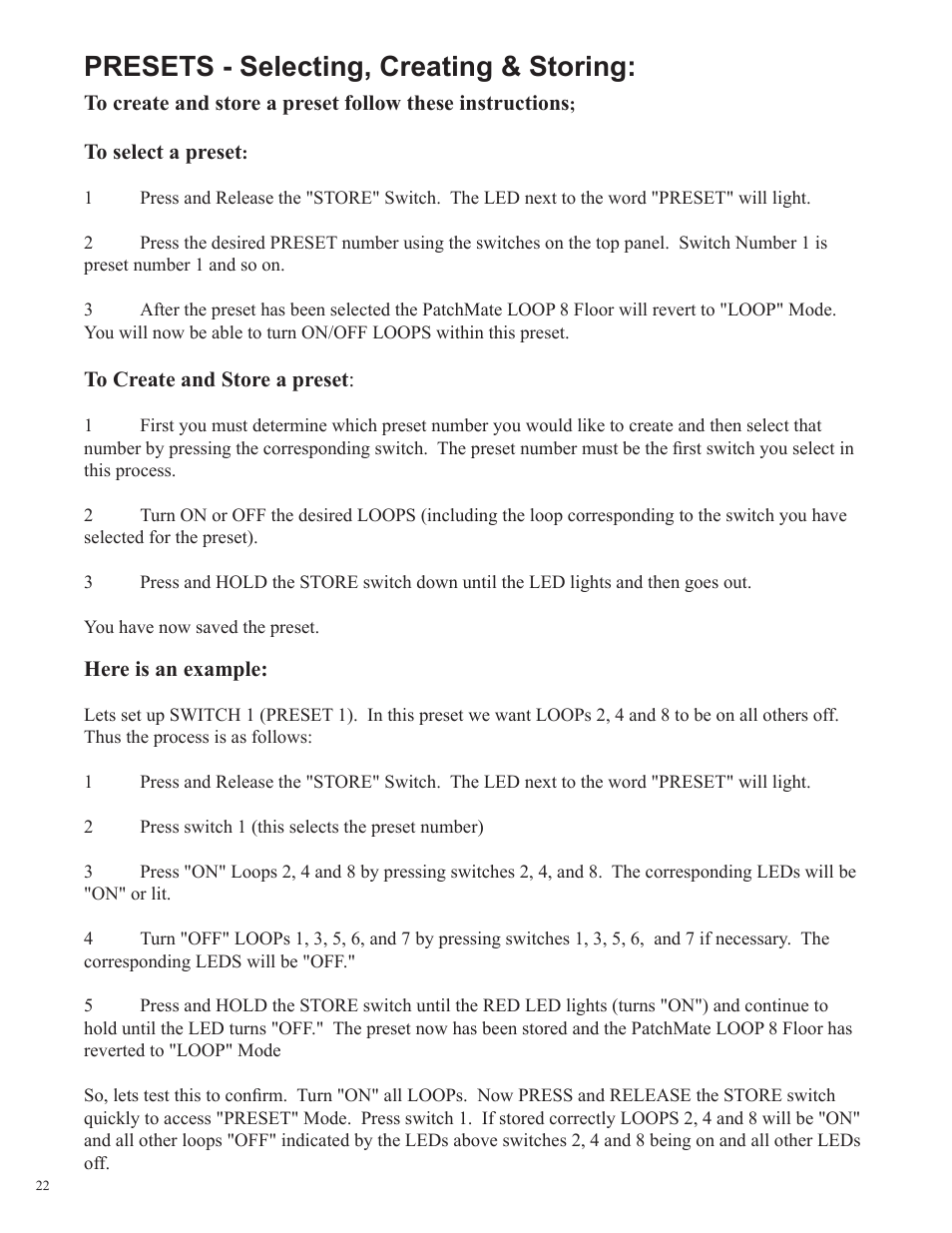 Presets - selecting, creating & storing | Rocktron Patchmate Loop 8 Floor User Manual | Page 22 / 32