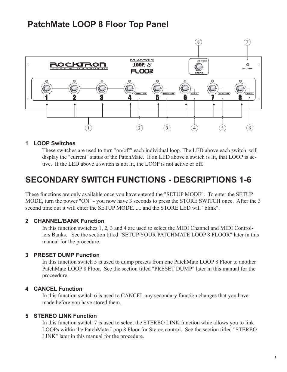 Patchmate loop 8 floor top panel, Secondary switch functions - descriptions 1-6 | Rocktron Patchmate Loop 8 Floor User Manual | Page 5 / 32