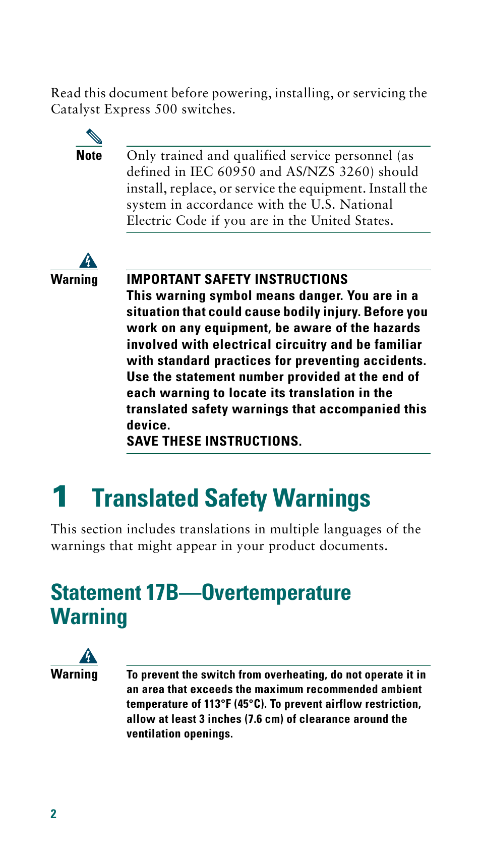 1 translated safety warnings, Statement 17b-overtemperature warning, Translated safety warnings | Statement 17b—overtemperature warning | Cisco 500 Series User Manual | Page 2 / 58
