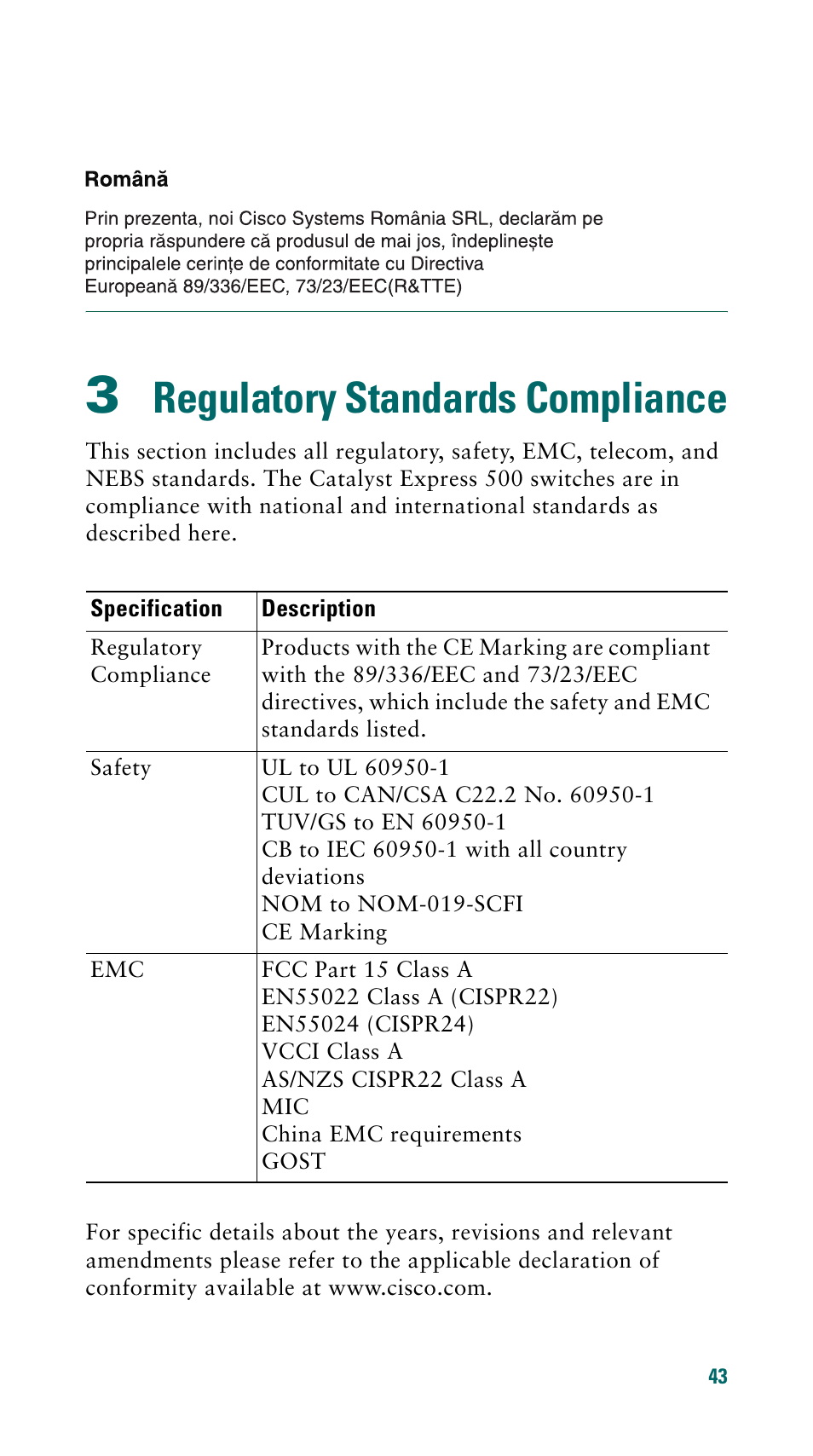 3 regulatory standards compliance, Regulatory standards compliance | Cisco 500 Series User Manual | Page 43 / 58