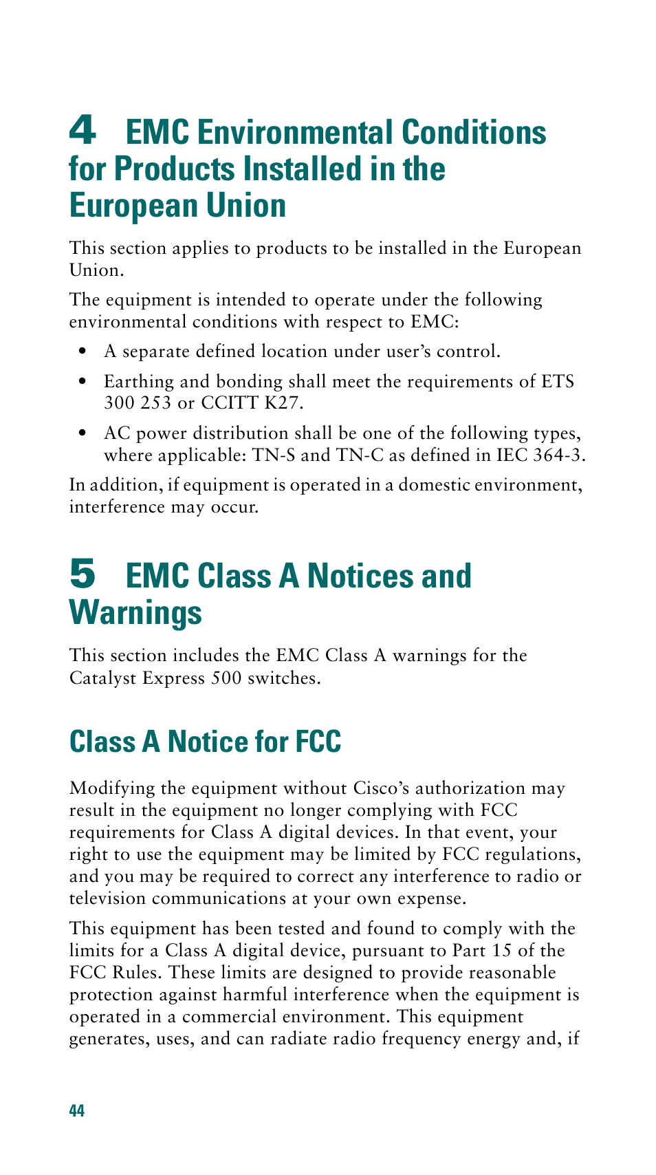 5 emc class a notices and warnings, Class a notice for fcc, Emc class a notices and warnings | Cisco 500 Series User Manual | Page 44 / 58