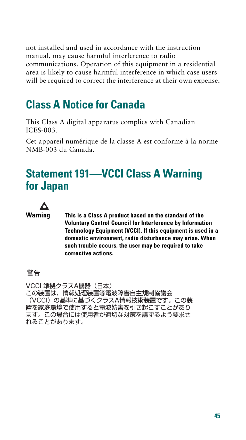 Class a notice for canada, Statement 191-vcci class a warning for japan, Statement 191 | Vcci class a warning for japan | Cisco 500 Series User Manual | Page 45 / 58