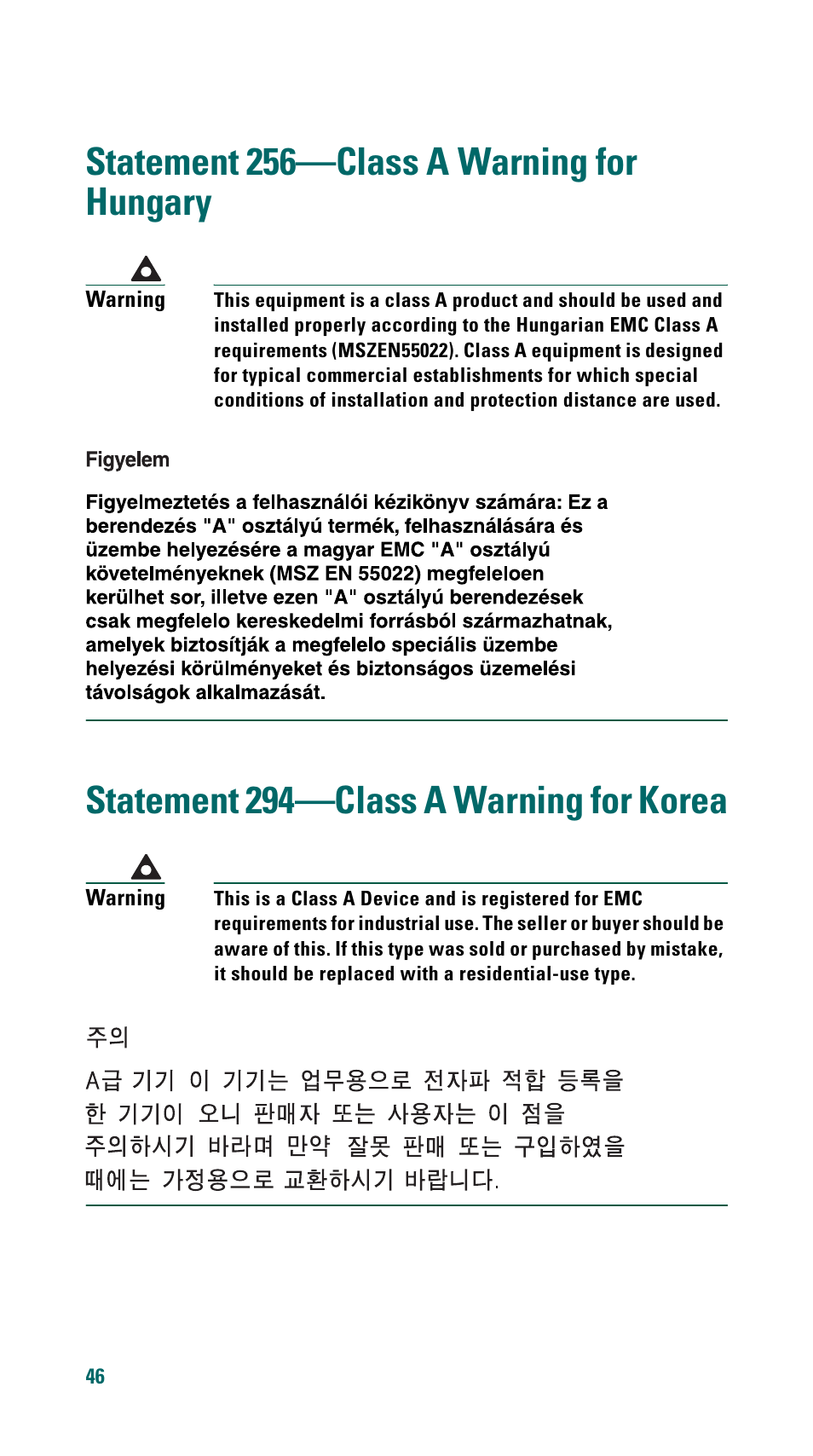 Statement 256-class a warning for hungary, Statement 294-class a warning for korea, Statement 256 | Class a warning for hungary, Statement 294, Class a warning for korea | Cisco 500 Series User Manual | Page 46 / 58