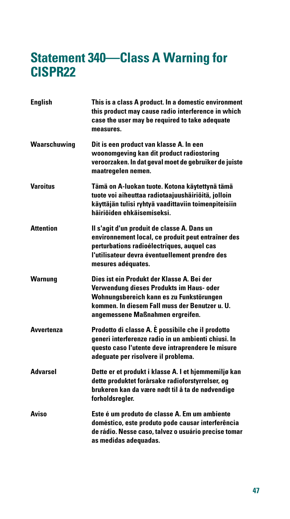 Statement 340-class a warning for cispr22, Statement 340, Class a warning for cispr22 | Cisco 500 Series User Manual | Page 47 / 58