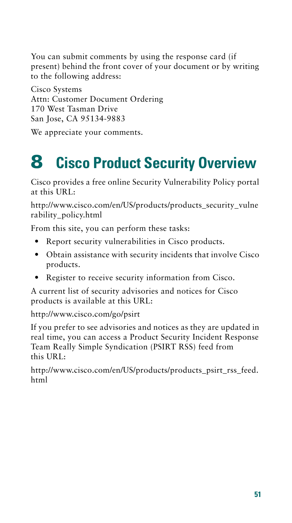 8 cisco product security overview, Cisco product security overview | Cisco 500 Series User Manual | Page 51 / 58