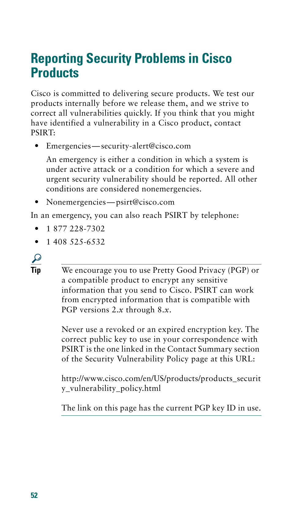 Reporting security problems in cisco products | Cisco 500 Series User Manual | Page 52 / 58