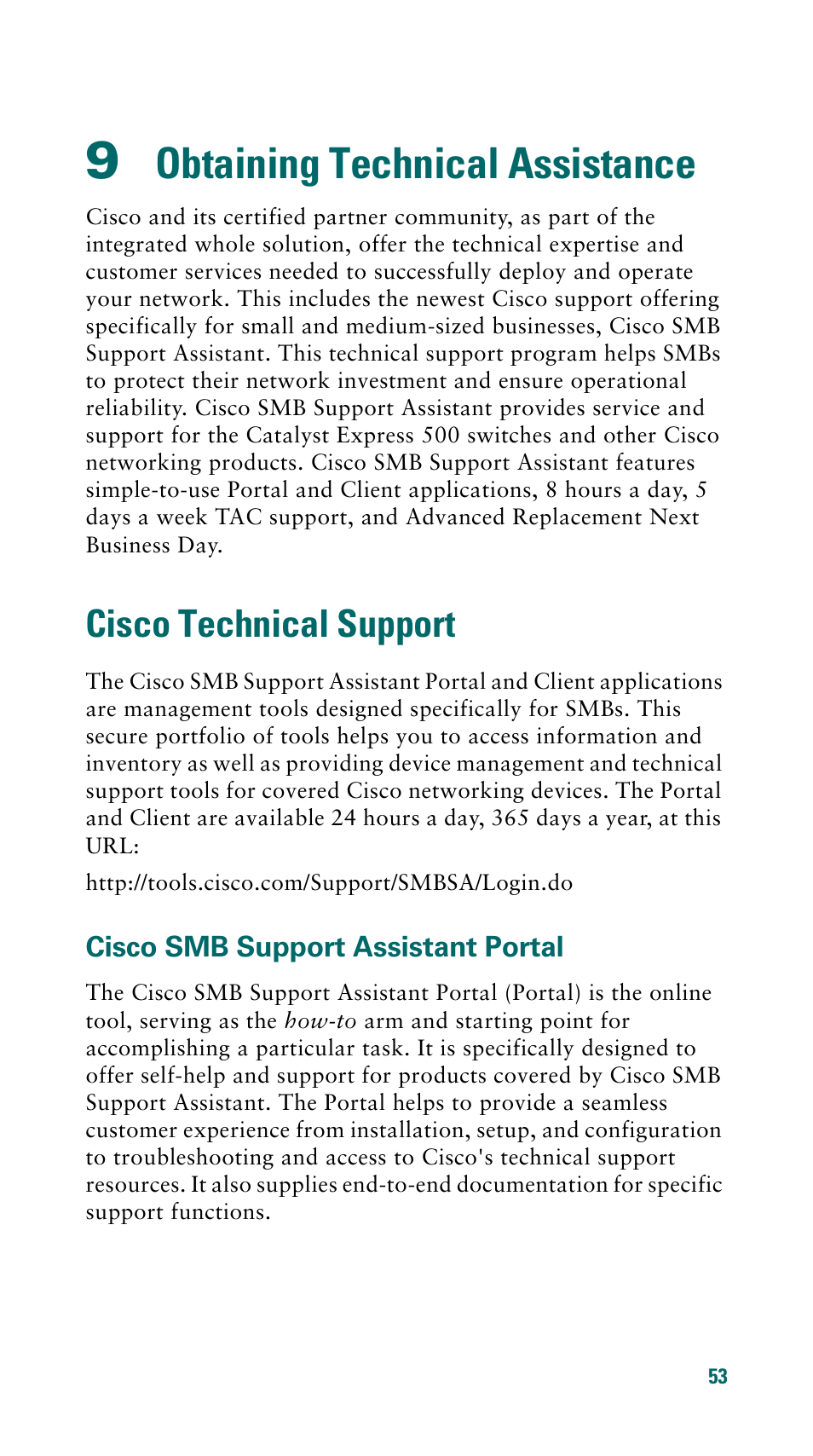 9 obtaining technical assistance, Cisco technical support, Cisco smb support assistant portal | Obtaining technical assistance | Cisco 500 Series User Manual | Page 53 / 58