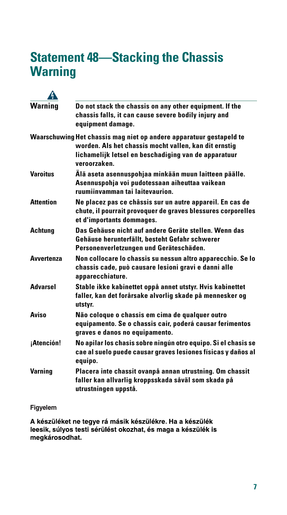 Statement 48-stacking the chassis warning, Statement 48—stacking the chassis warning | Cisco 500 Series User Manual | Page 7 / 58