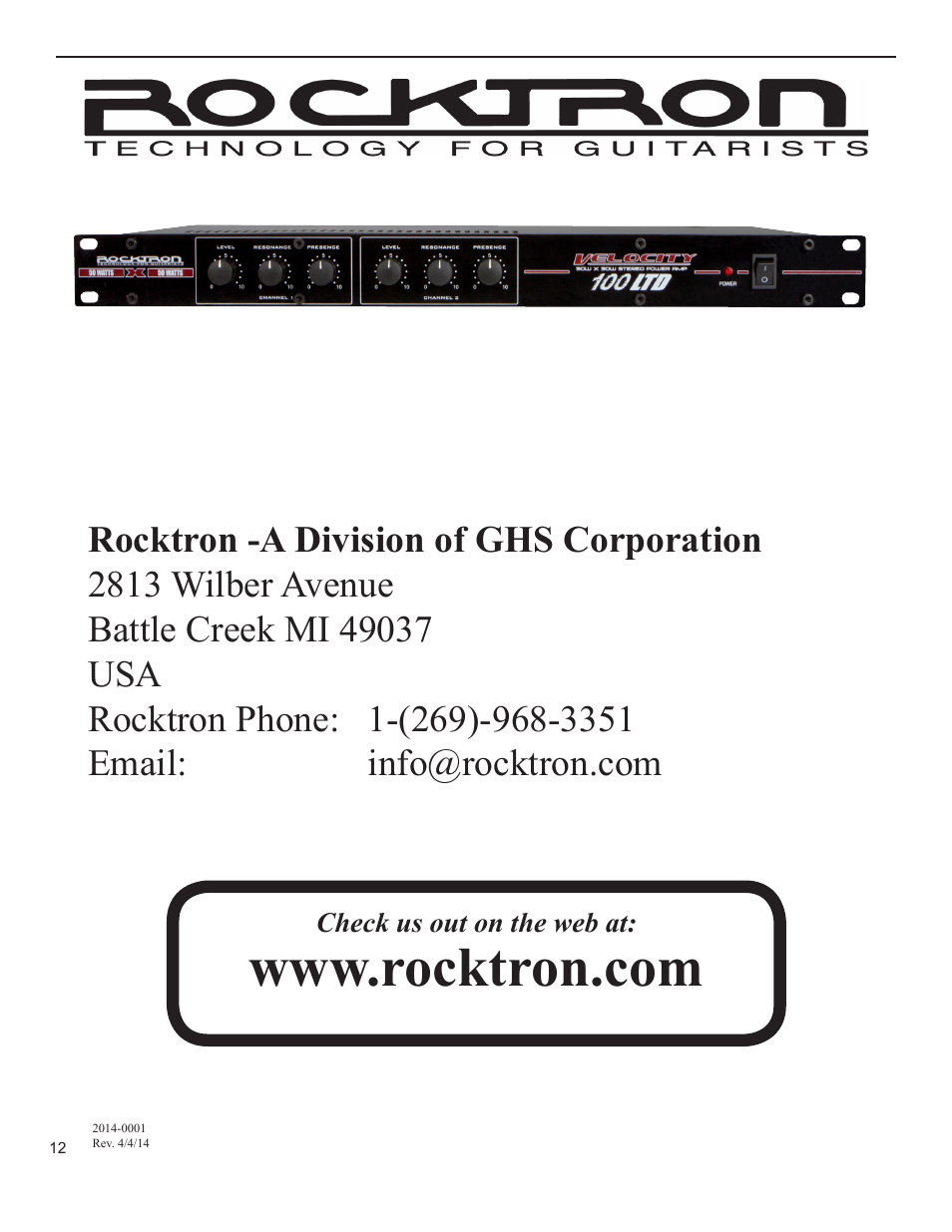Rocktron Velocity 100LTD User Manual | Page 12 / 12