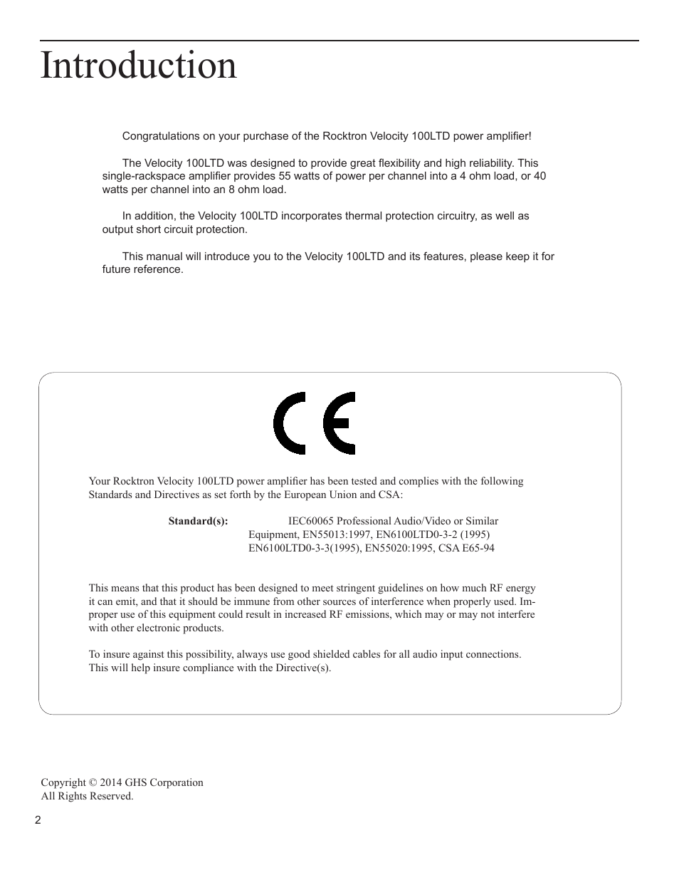 Introduction | Rocktron Velocity 100LTD User Manual | Page 2 / 12