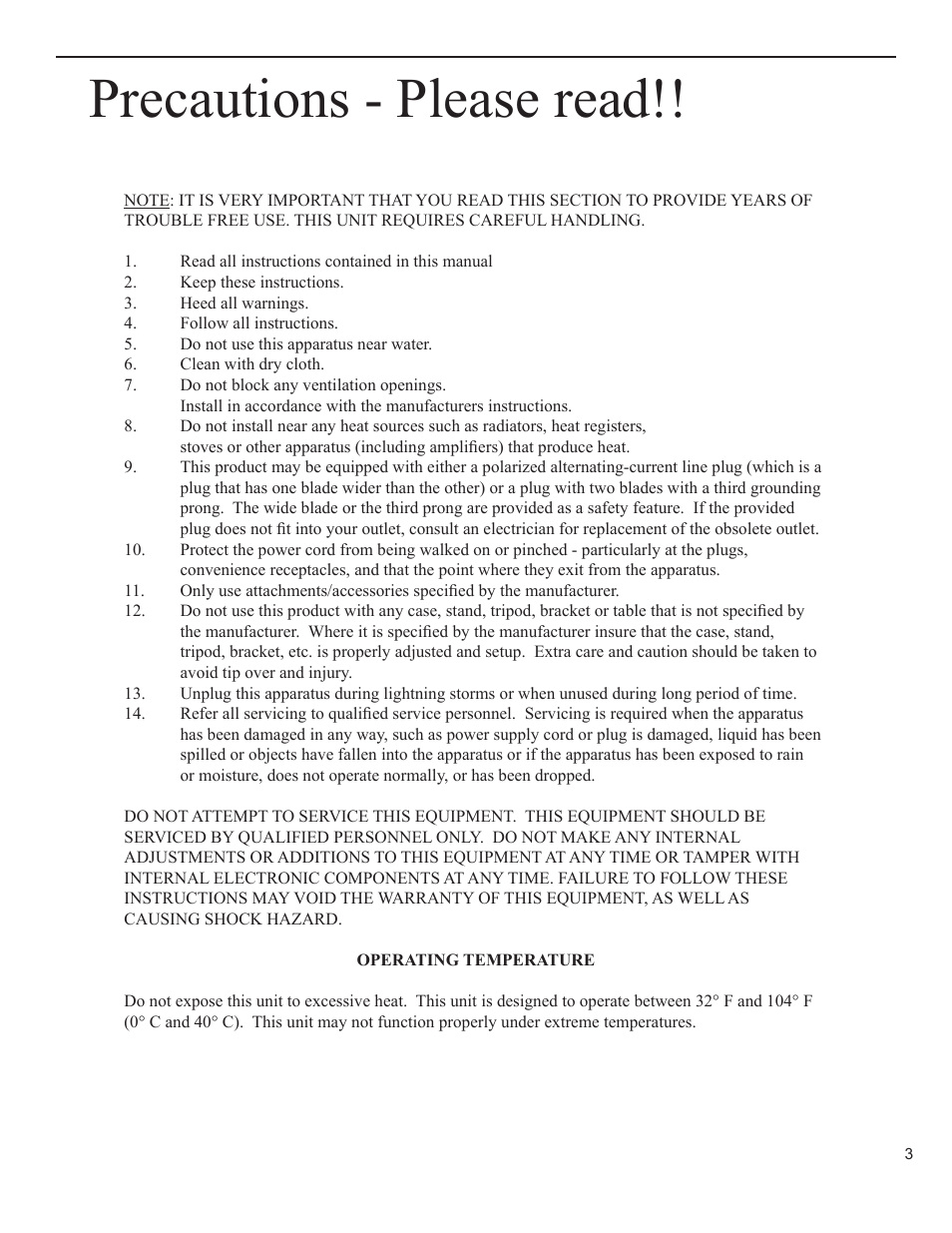 Precautions - please read | Rocktron Velocity 100LTD User Manual | Page 3 / 12